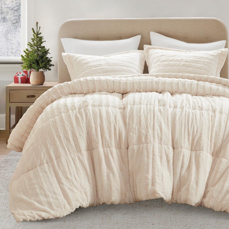 Madison Park Duke Luxe Faux Fur Reversible Comforter Set, Soft Plush Reverse, Modern Down Alternative Filling Cozy Bedding, Box Quilted Warm Cover, Matching Shams, King/Cal King, Champagne 3 Piece - Image 1